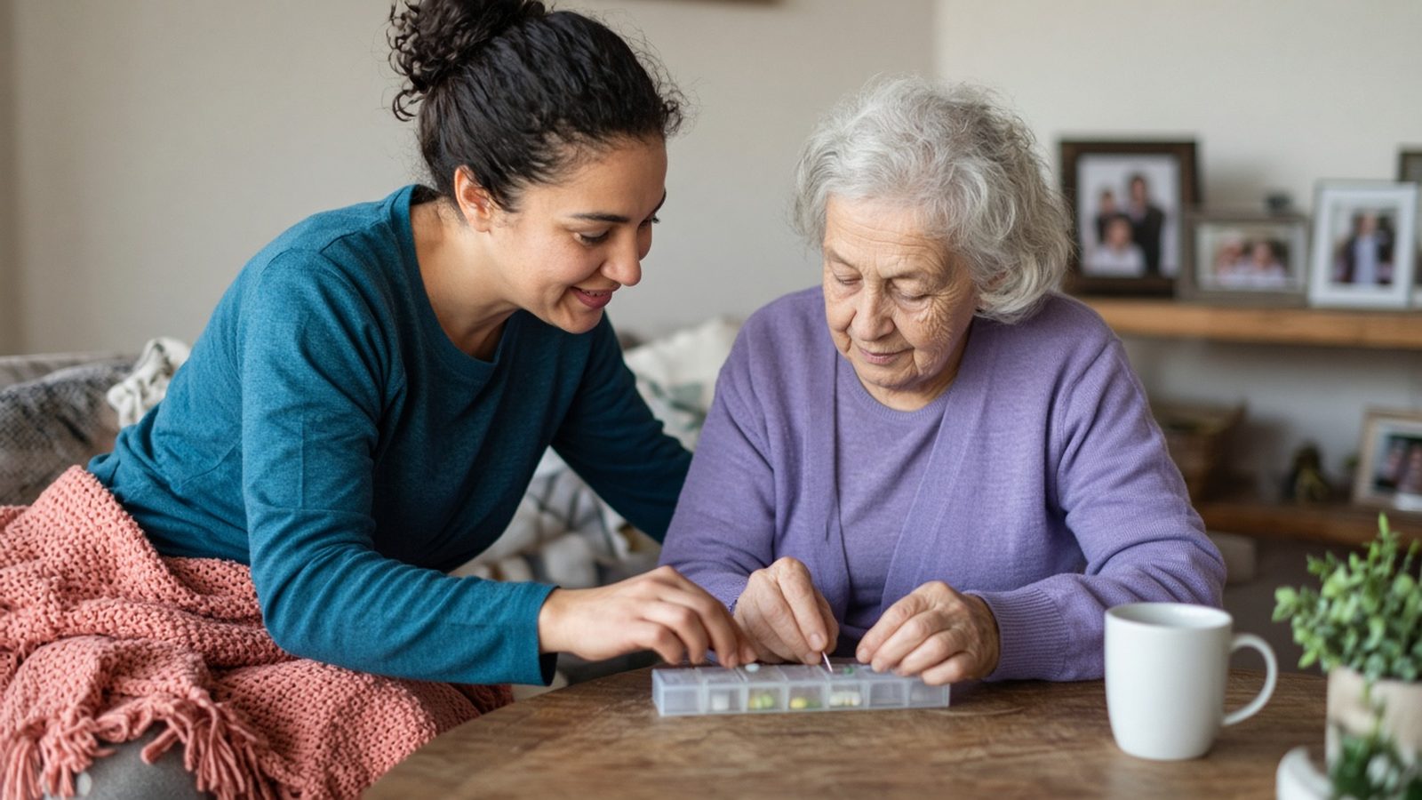 A caregiver in a teal top helps an older woman fill a weekly pill organizer