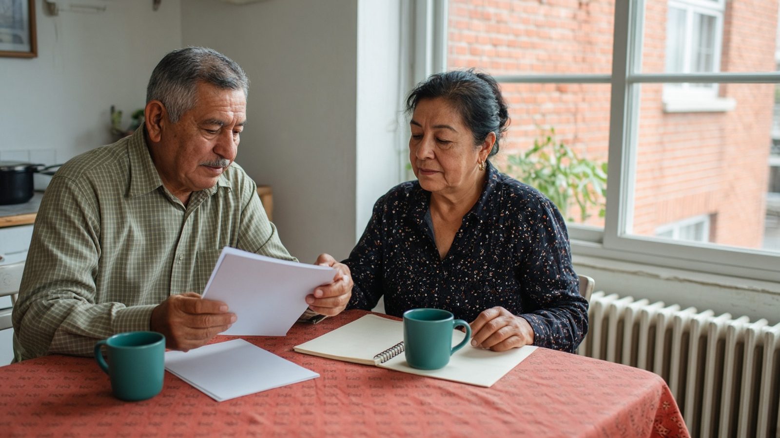 A married couple reviews plan booklets and a notebook at a kitchen table