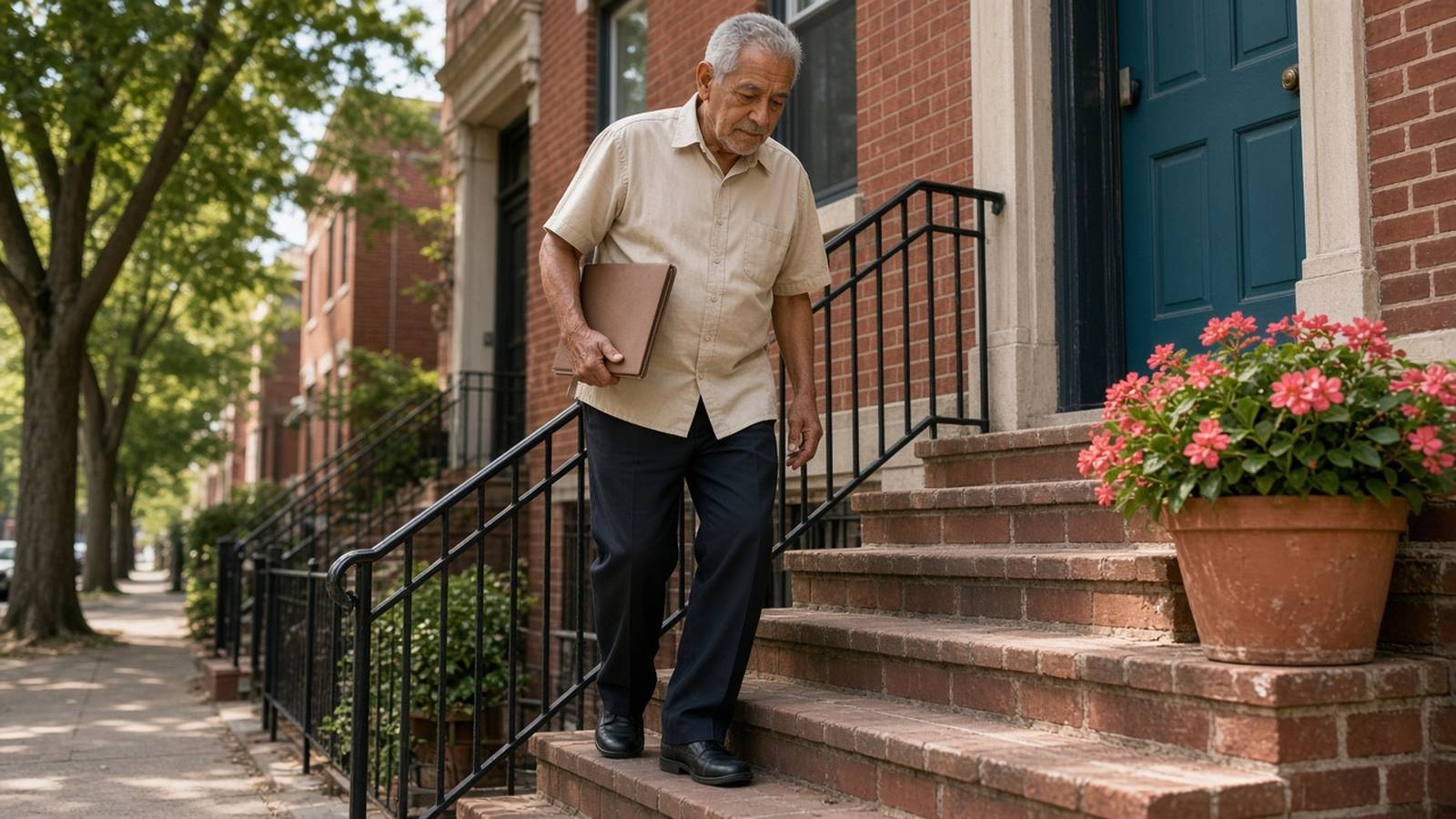 An older man with a folder walks down the brick stoop of a two-family house