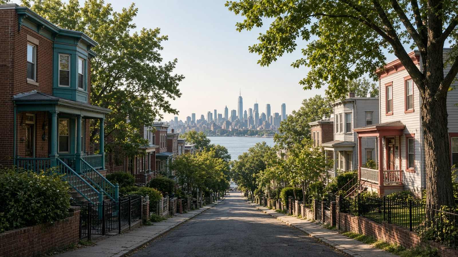 A tree-lined street of two-family homes slopes toward a river and city skyline