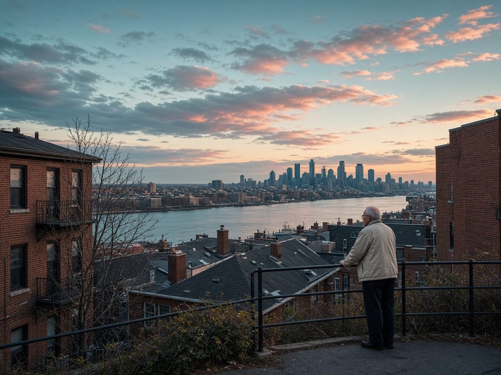 A man at a cliff-top railing looks over rooftops toward the river and skyline